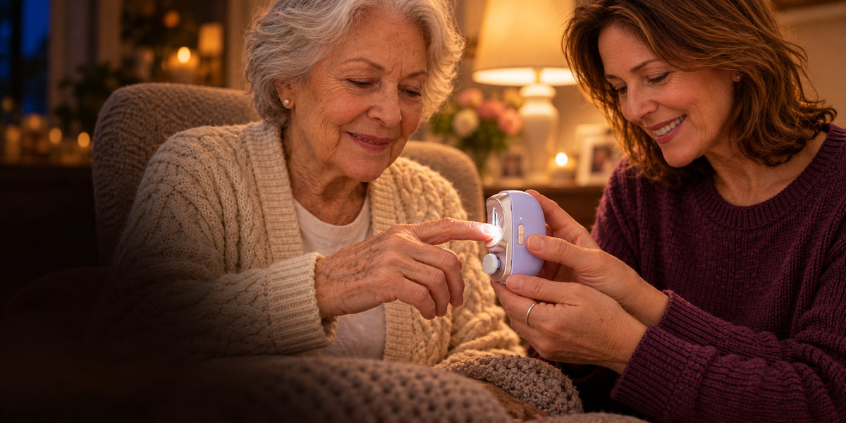 Evening at home: the Kindtrim light glows on a mother's fingertip as her daughter trims her nails