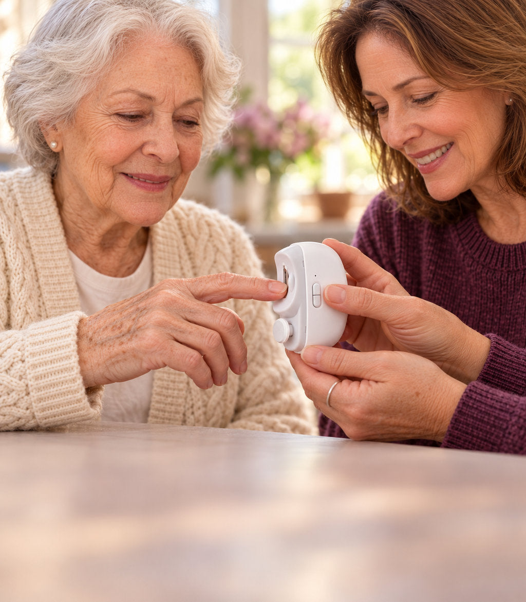 A daughter holds the Kindtrim while her mother rests a fingertip at the opening
