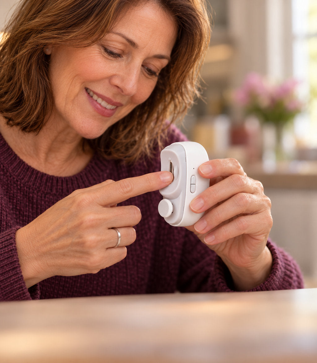 A woman tests the Kindtrim on her own fingertip