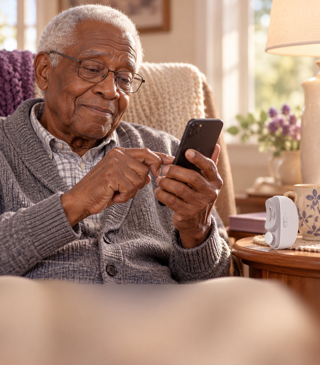 An older man uses his phone, with the Kindtrim on the table beside him