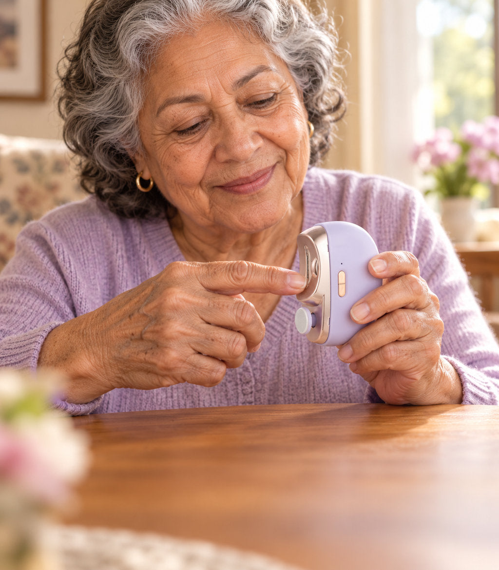 An older woman rests her fingertip at the Kindtrim she's holding