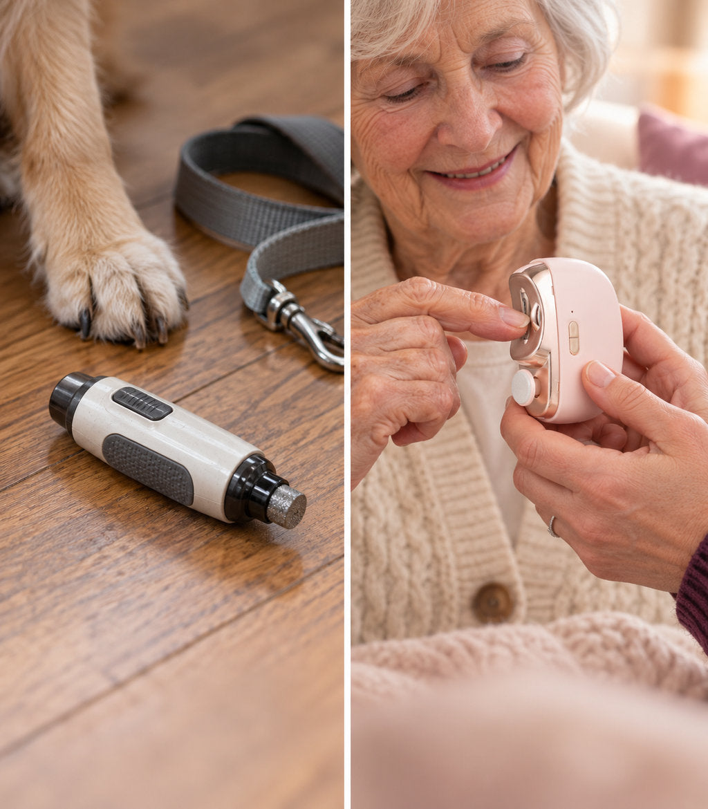 A pet nail grinder beside a dog's paw, next to an older woman using the Kindtrim