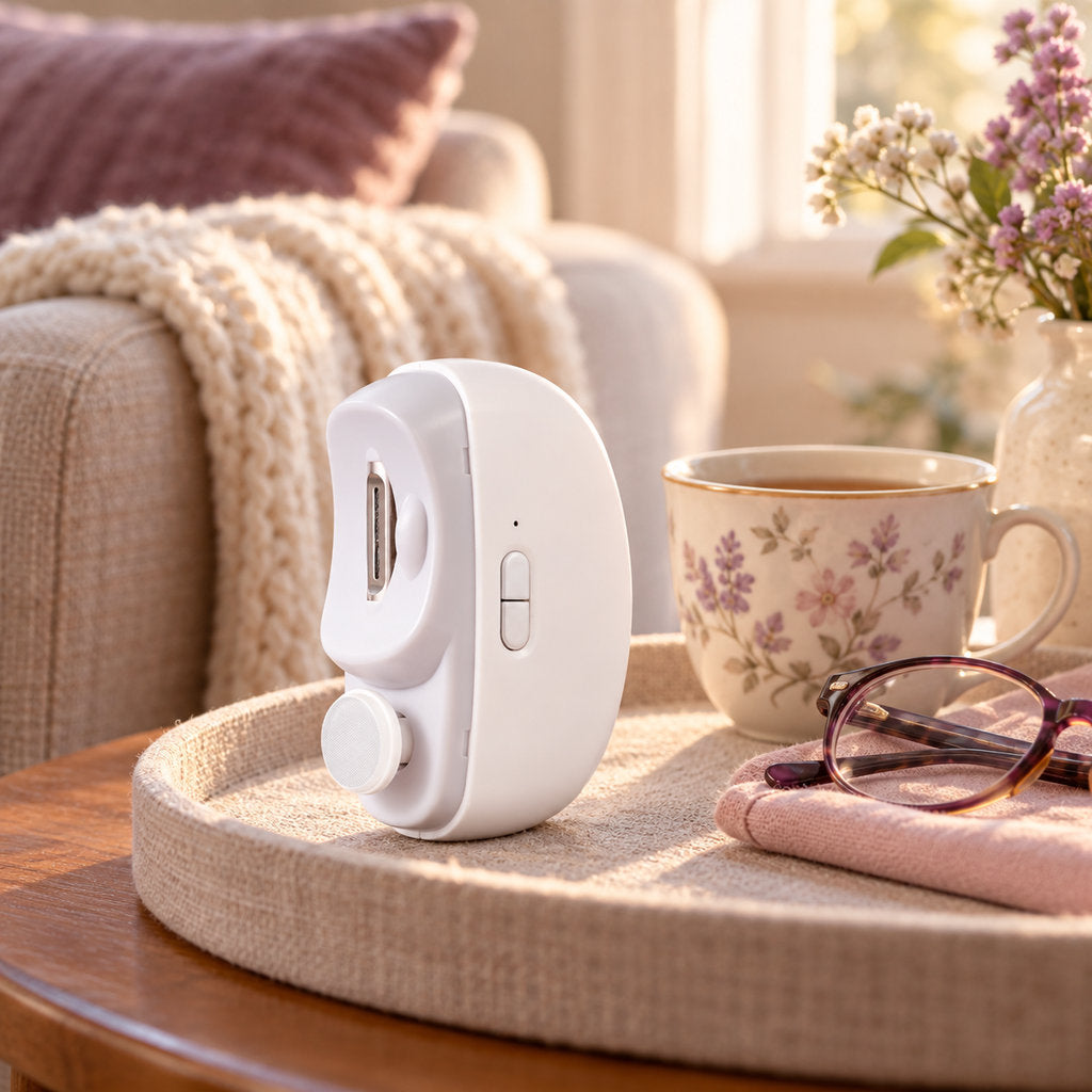 Kindtrim on a side table with a cup of tea and reading glasses