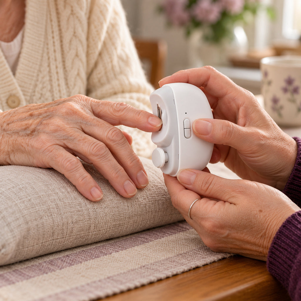 A daughter holds the Kindtrim to her mother's relaxed fingertip