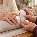 A daughter holds the Kindtrim to her mother's relaxed fingertip