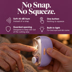 No snap. No squeeze. A soft 40 dB hum instead of a snap, one button with nothing to squeeze, a guarded opening designed to keep skin out of the cutting area, and a built-in light for tired eyes and dim rooms