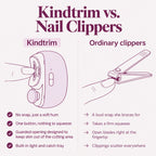 Kindtrim vs. nail clippers. Kindtrim: no snap, just a soft hum; one button, nothing to squeeze; a guarded opening designed to keep skin out of the cutting area; a built-in light and catch tray. Ordinary clippers: a loud snap she braces for; a firm squeeze; open blades right at the fingertip; clippings scatter everywhere