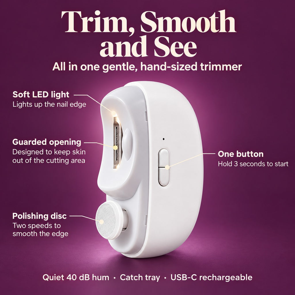 Trim, smooth and see: Kindtrim with labels for the guarded opening, the soft LED light, the one button you hold for 3 seconds to start, and the two-speed polishing disc. Quiet 40 dB hum, catch tray, USB-C rechargeable