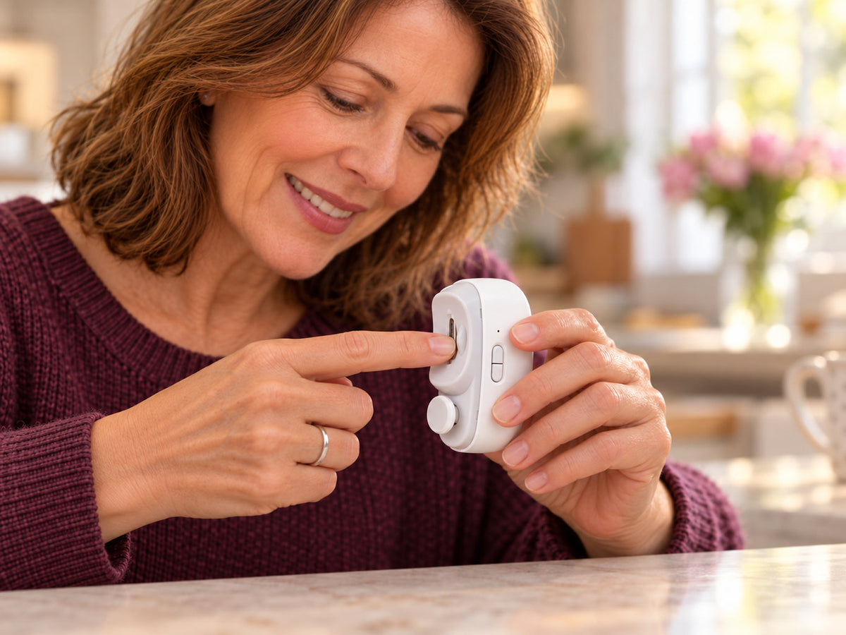 A woman tries the Kindtrim on her own finger before using it on her mother