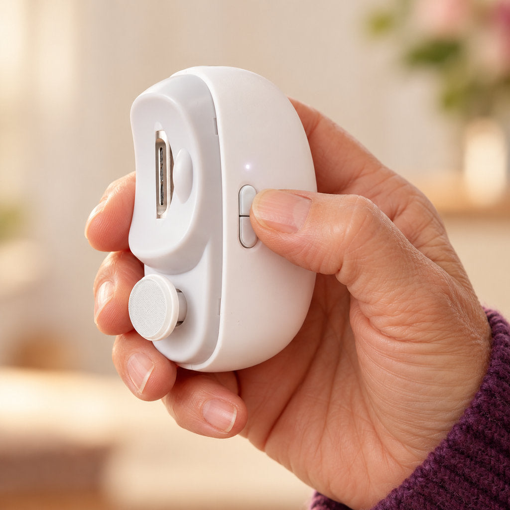 A thumb pressing the Kindtrim button, the light switched on