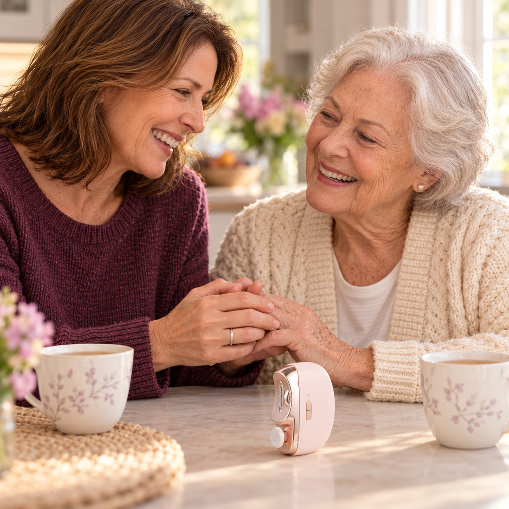 A mother and daughter laughing together at the kitchen table, the Kindtrim beside them